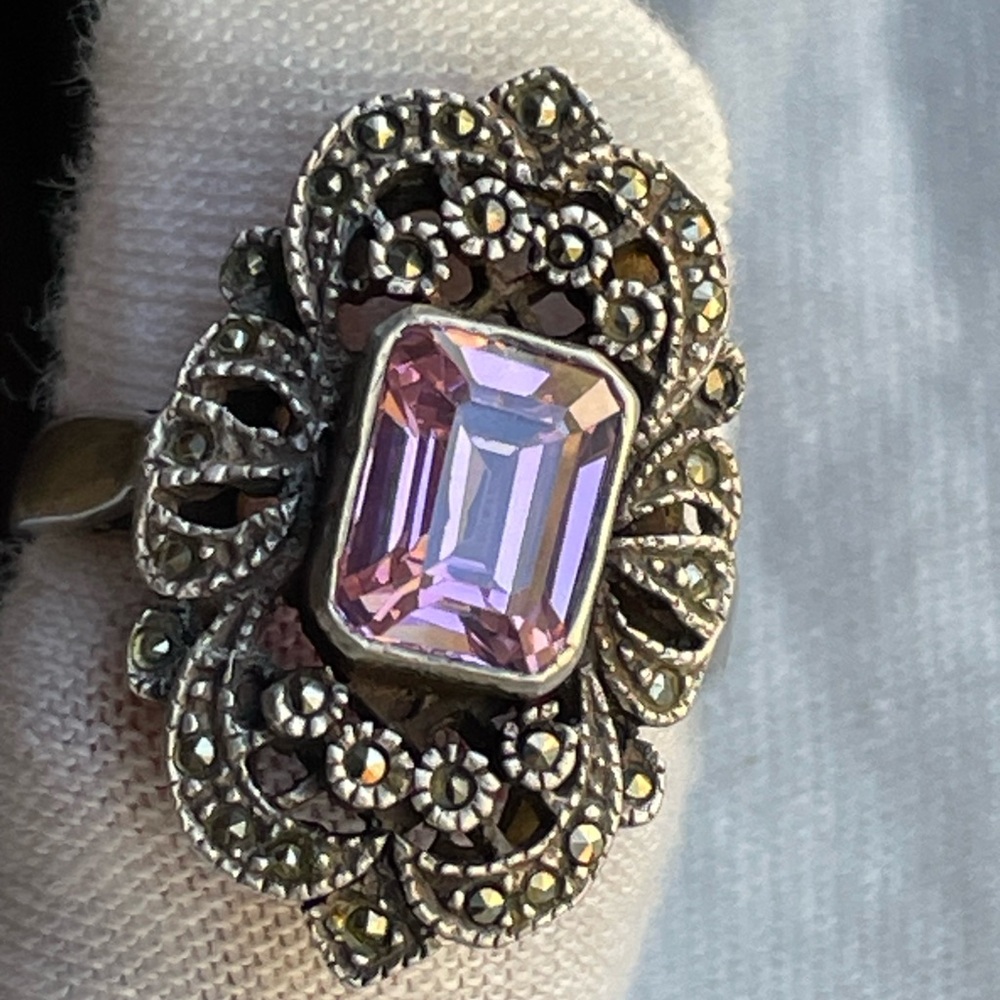 ❤️ 925 Vintage Victorian Deco style Pink Ice & Marcasite Silver 925 stamped Ring